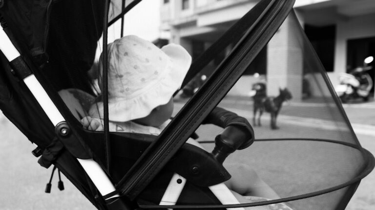 Baby im Kinderwagen unter flexiblem UV-Sonnensegel bei heißem Sommertag geschützt